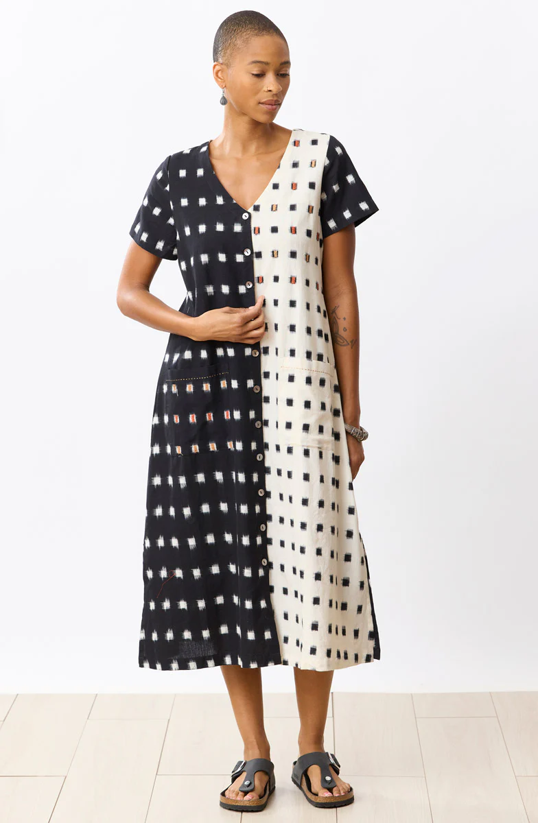 Rajouri Ikat Button Front Midi Dress - Soft white/Black - Image 4