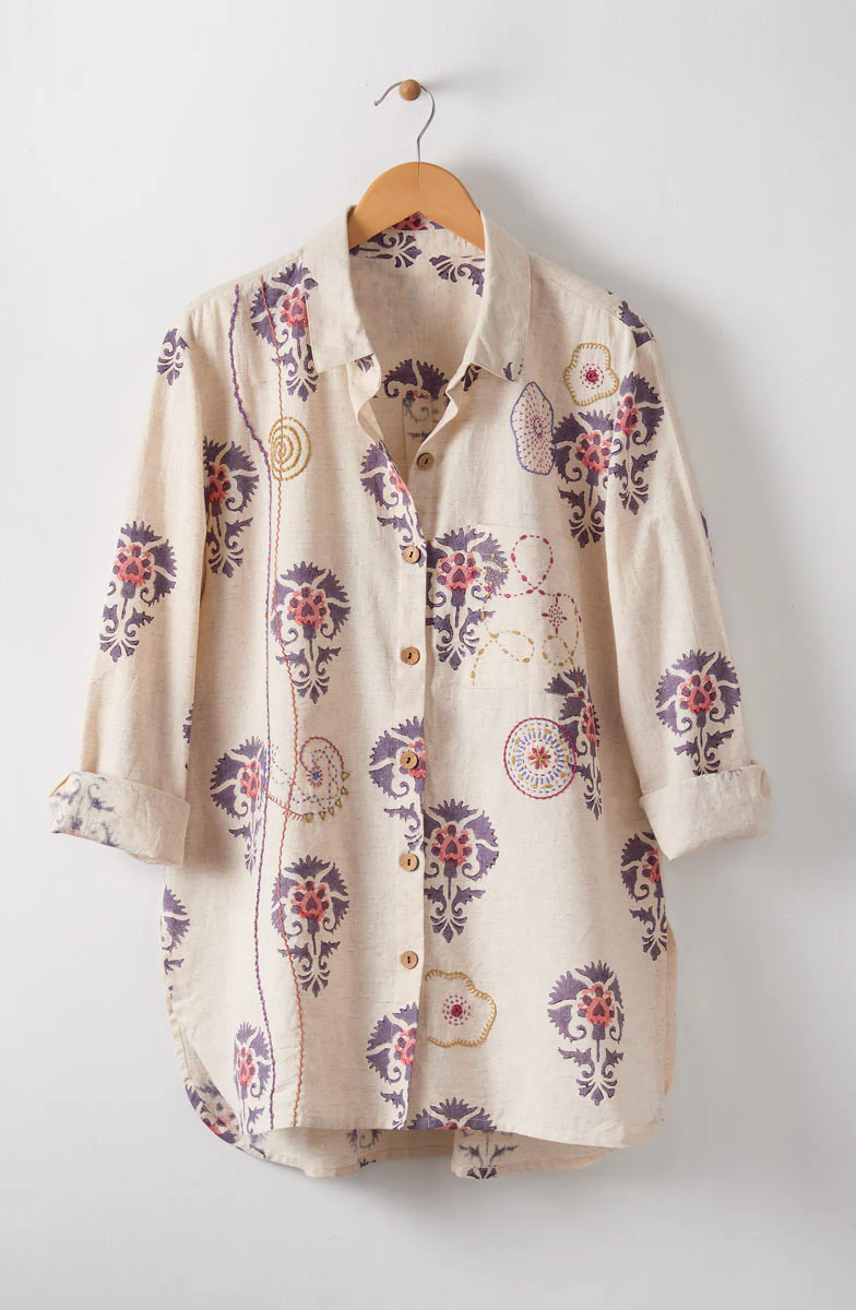 Rashida Embroidered Button-Down Big Shirt - Natural/Aubergine - Image 2