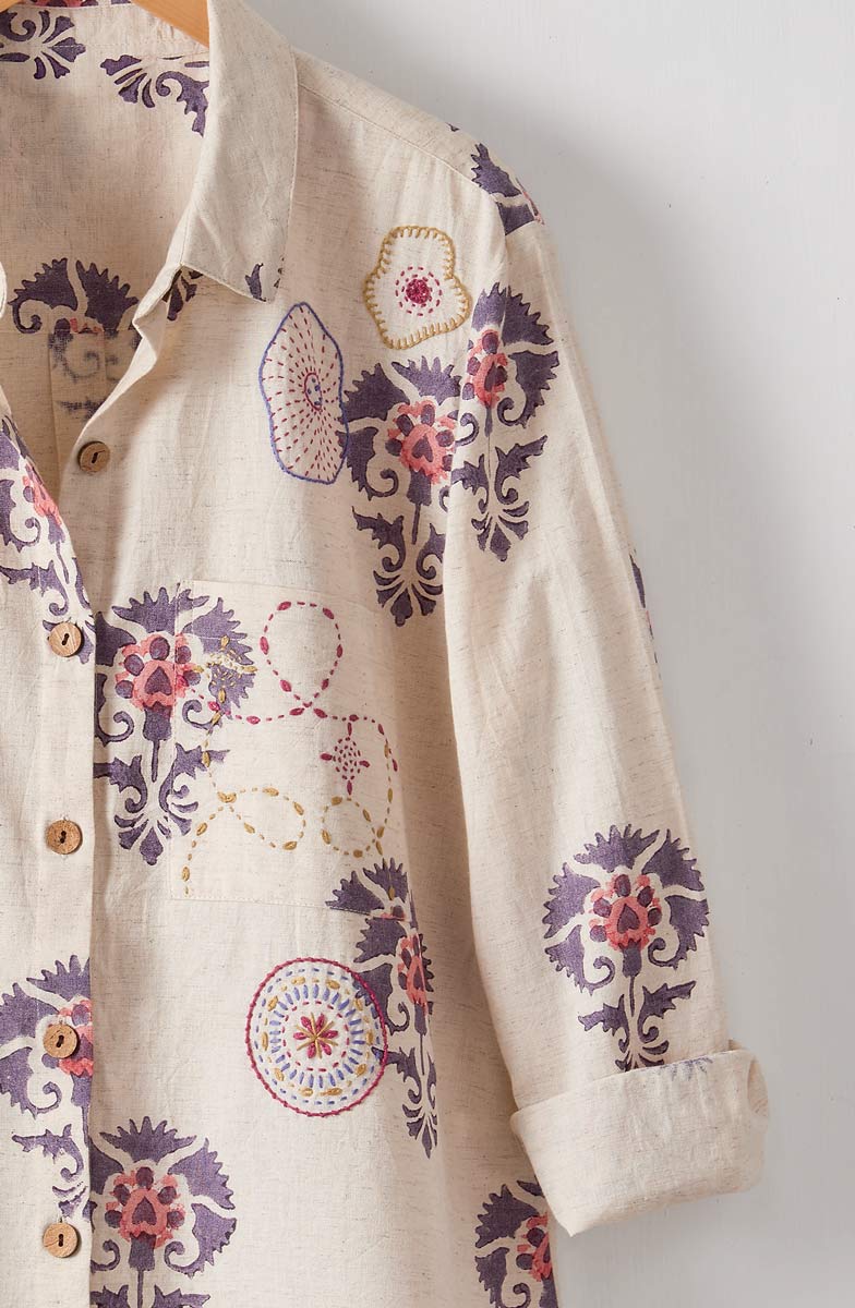Rashida Embroidered Button-Down Big Shirt - Natural/Aubergine - Image 3