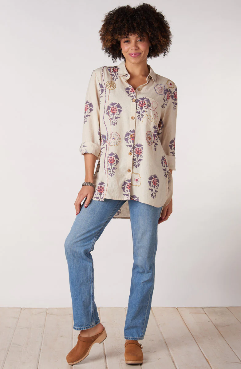 Rashida Embroidered Button-Down Big Shirt - Natural/Aubergine - Image 4