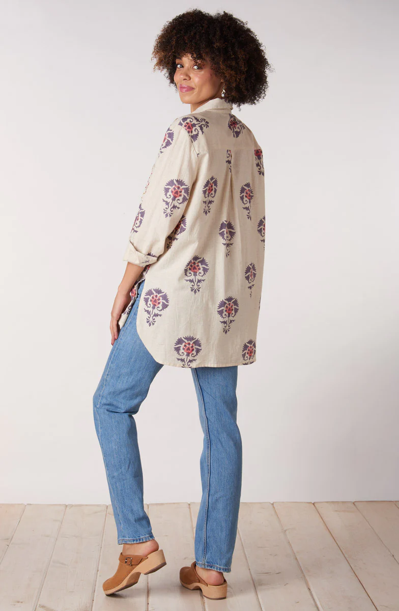 Rashida Embroidered Button-Down Big Shirt - Natural/Aubergine - Image 5