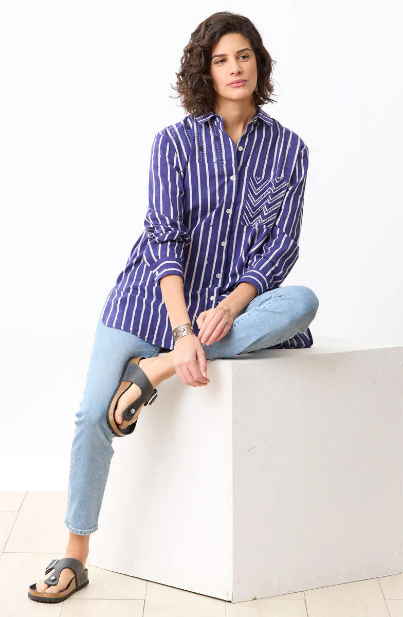 Rashida Button-Down Big Shirt - Dark celestial/White - Image 5
