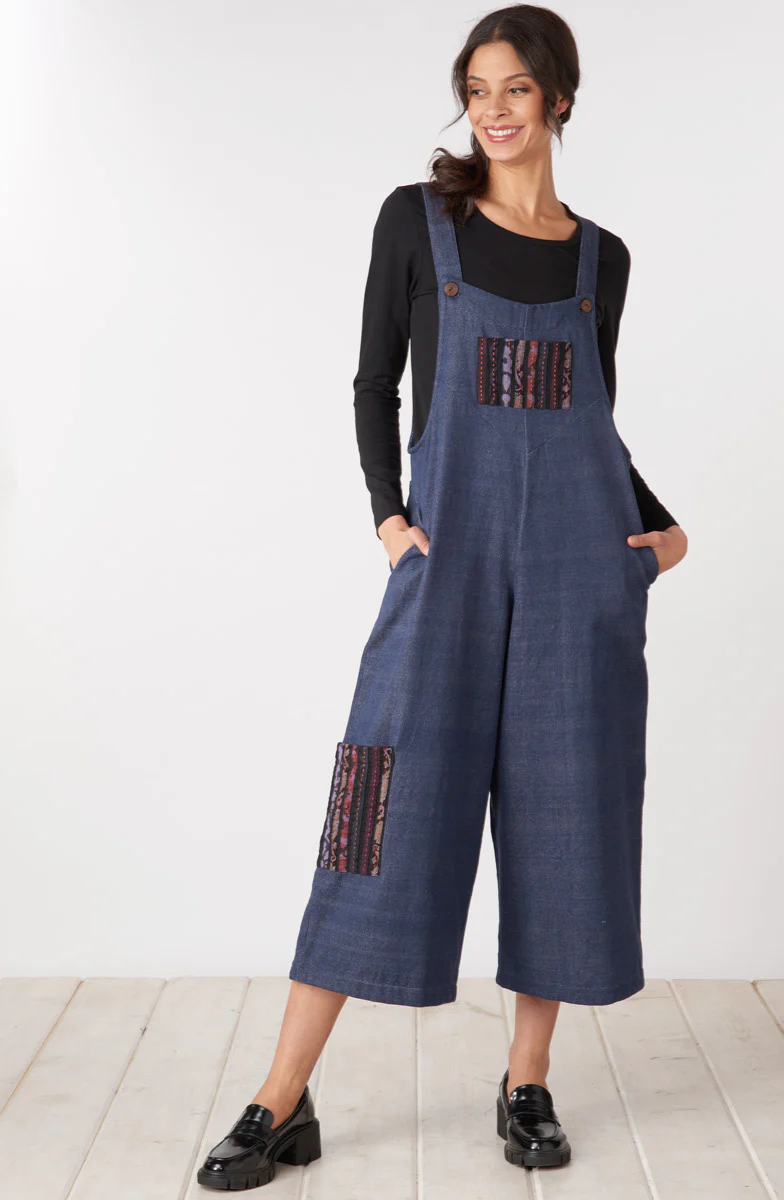 Recycled Yarn Deepti Cropped Overalls - Dark denim/Chindi - Image 4
