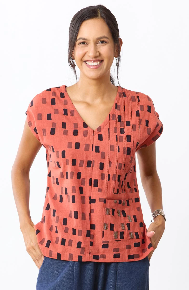 Renu Cap-Sleeve V-Neck Top - Brick/Multi