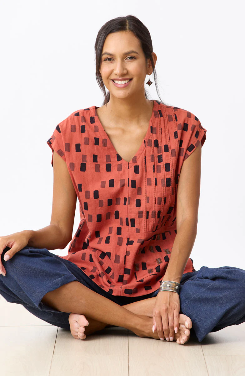 Renu Cap-Sleeve V-Neck Top - Brick/Multi - Image 3