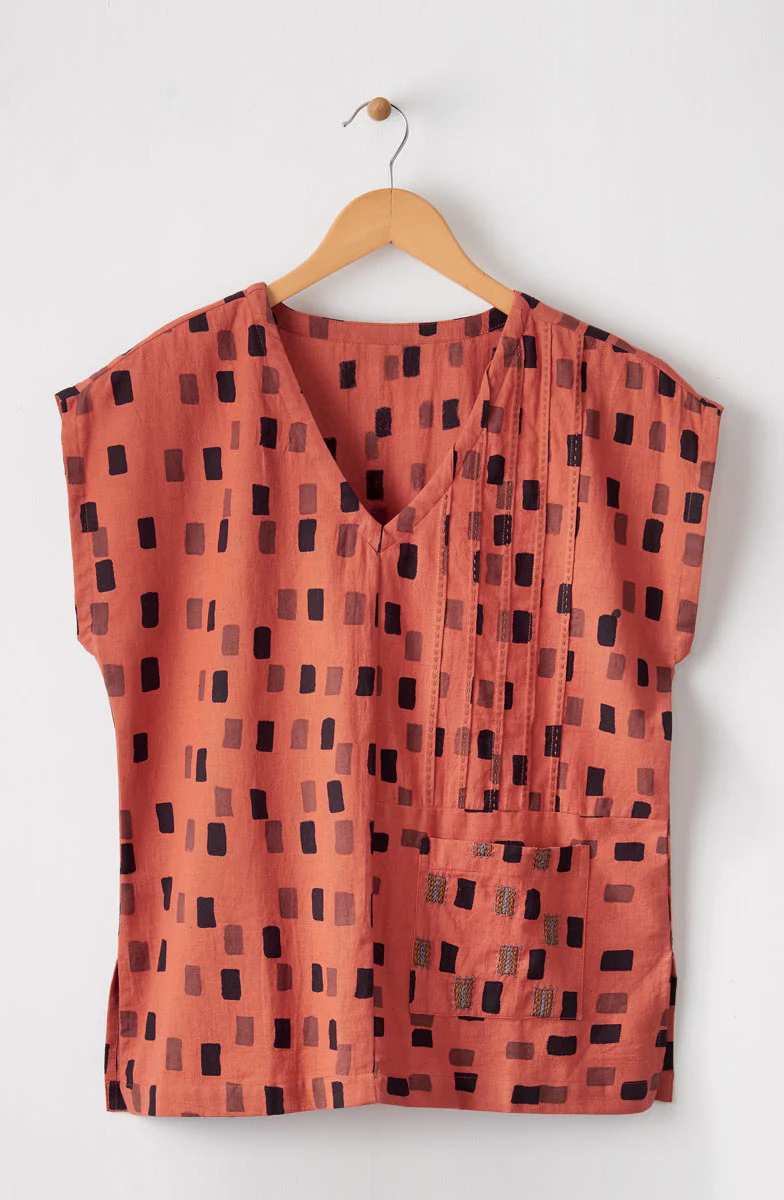 Renu Cap-Sleeve V-Neck Top - Brick/Multi - Image 4