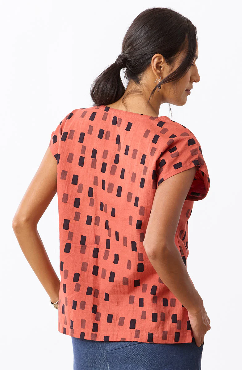 Renu Cap-Sleeve V-Neck Top - Brick/Multi - Image 5