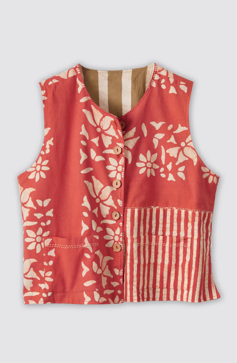 Afiza Reversible Batik Print Boxy Vest - Fire red/Straw - Image 7