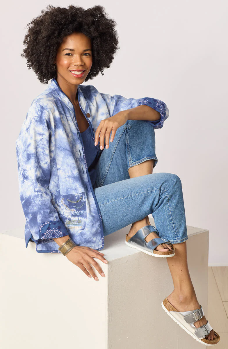 Anandi Reversible Band Collar Jacket - Tranquil Blue/Shibori - Image 3