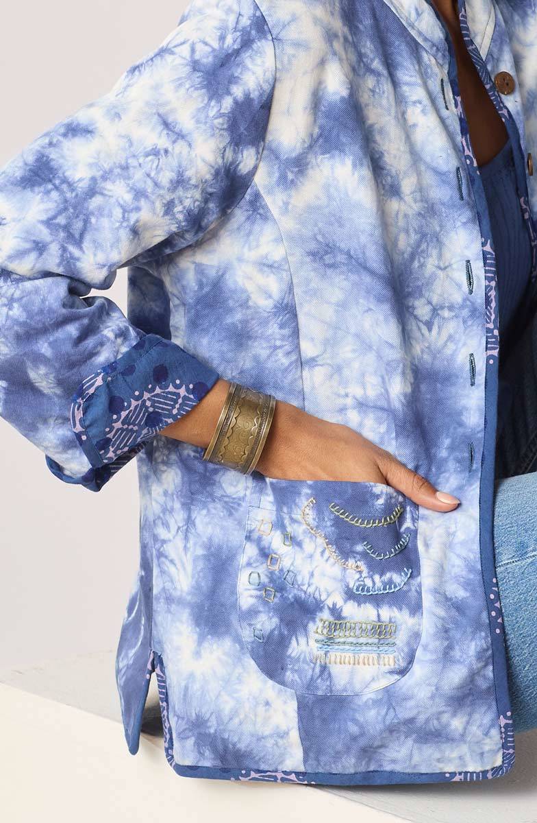 Anandi Reversible Band Collar Jacket - Tranquil Blue/Shibori - Image 4