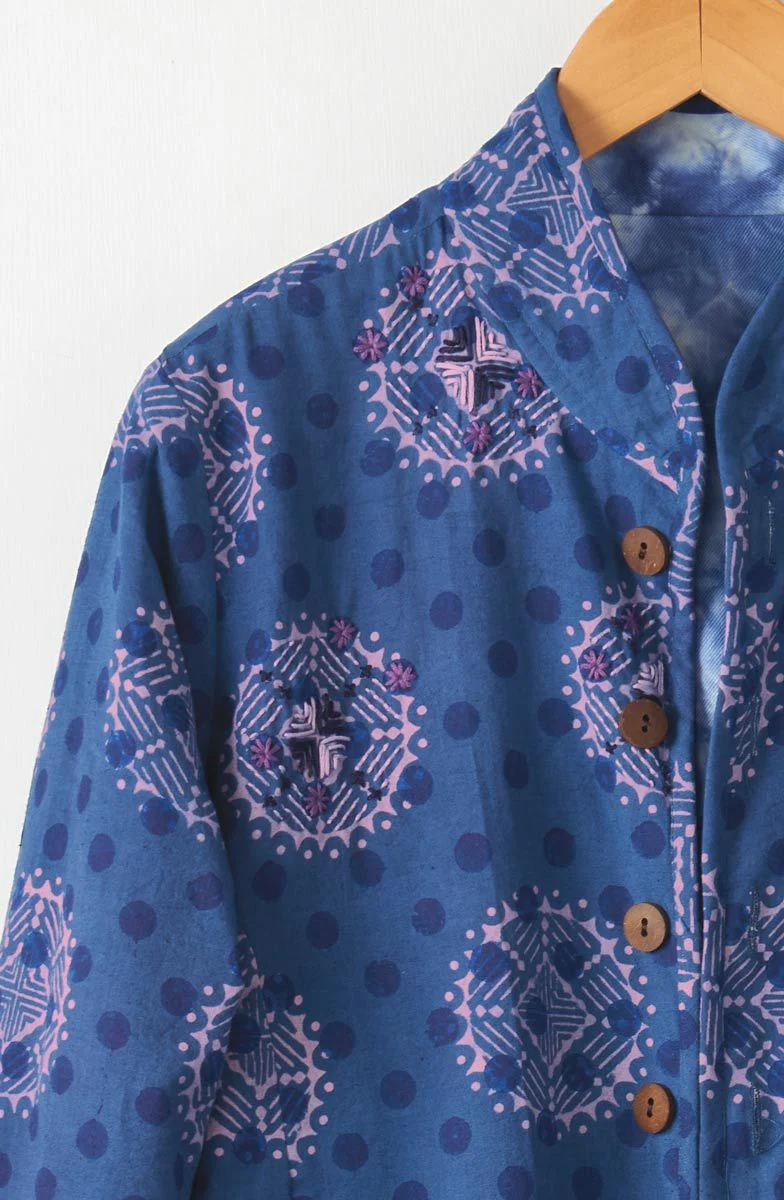 Anandi Reversible Band Collar Jacket - Tranquil Blue/Shibori - Image 5