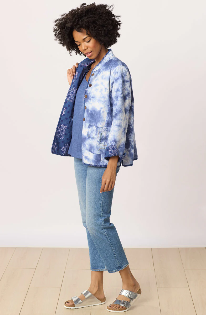 Anandi Reversible Band Collar Jacket - Tranquil Blue/Shibori - Image 8