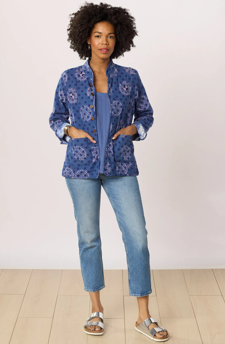 Anandi Reversible Band Collar Jacket - Tranquil Blue/Shibori - Image 9