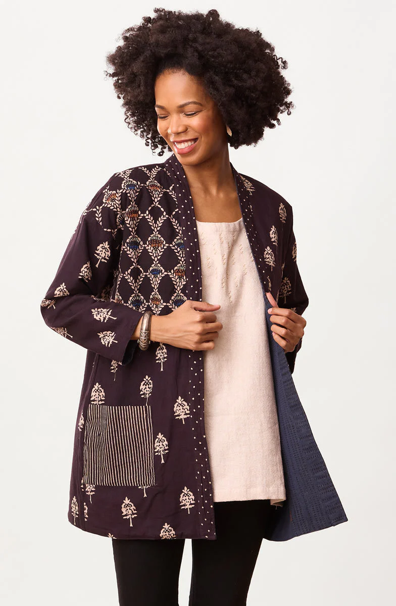 Kanchi Reversible Collarless One Button Jacket - Black/Multi/Dark denim - Image 3