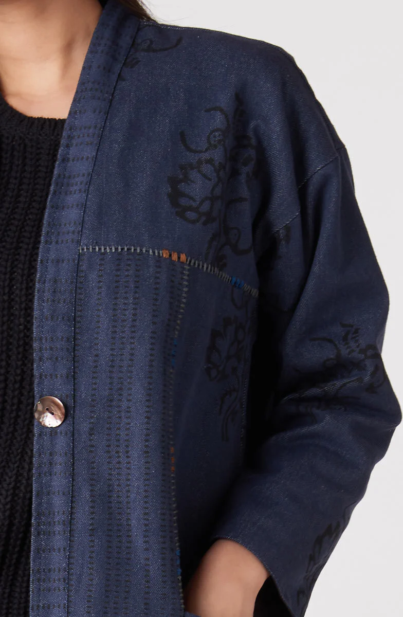 Kanchi Reversible Collarless One Button Jacket - Black/Multi/Dark denim - Image 4