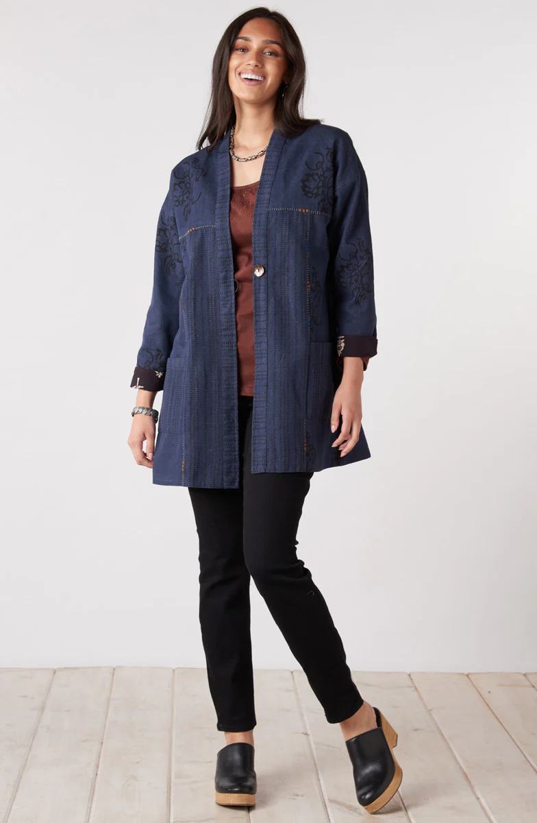 Kanchi Reversible Collarless One Button Jacket - Black/Multi/Dark denim - Image 8