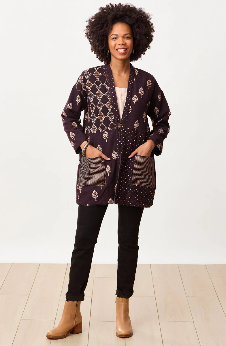 Kanchi Reversible Collarless One Button Jacket - Black/Multi/Dark denim - Image 9
