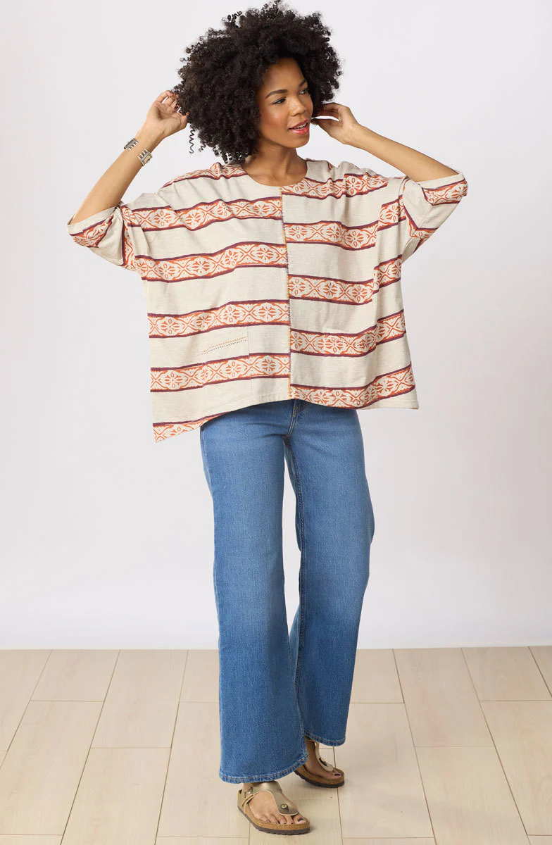Rimsha Cotton Jersey Oversized Boxy Top - Natural/Multi - Image 5