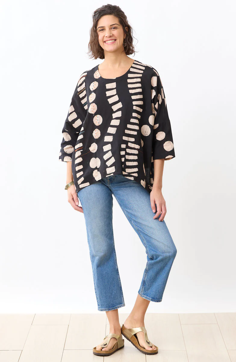 Rimsha 3/4-Sleeve Popover Swing Top - Black/Natural - Image 4