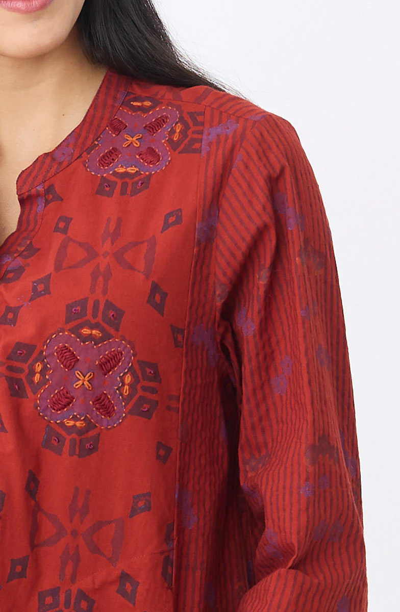 Riyana Organic Cotton Henley Tunic - Sunset red/Multi - Image 3