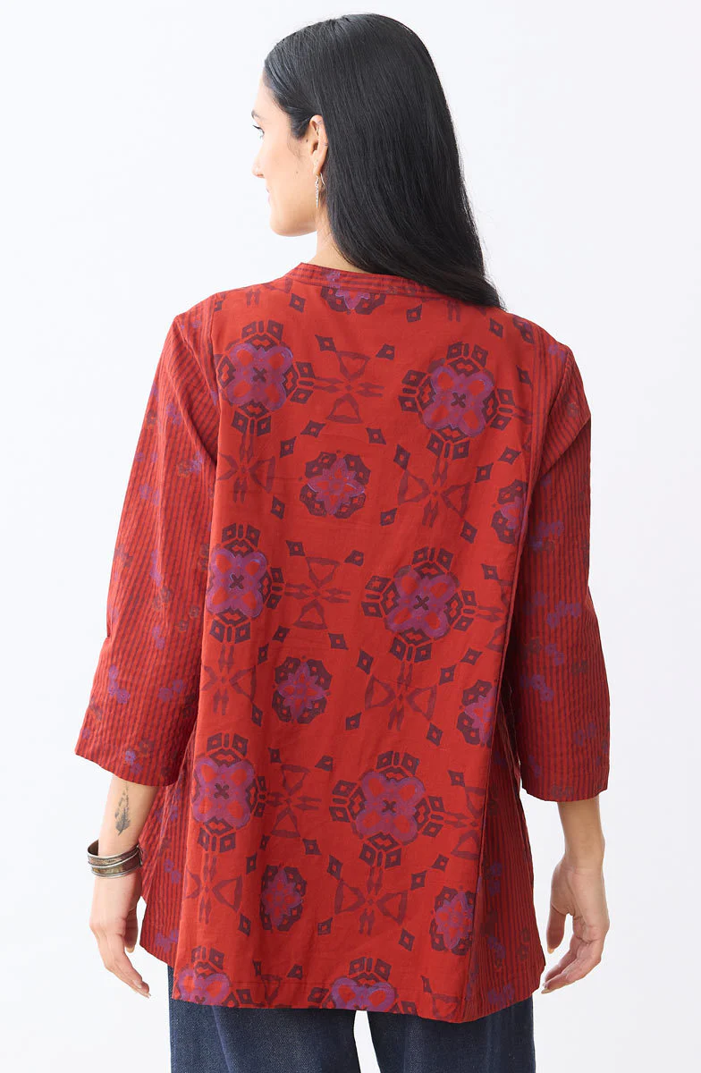 Riyana Organic Cotton Henley Tunic - Sunset red/Multi - Image 4