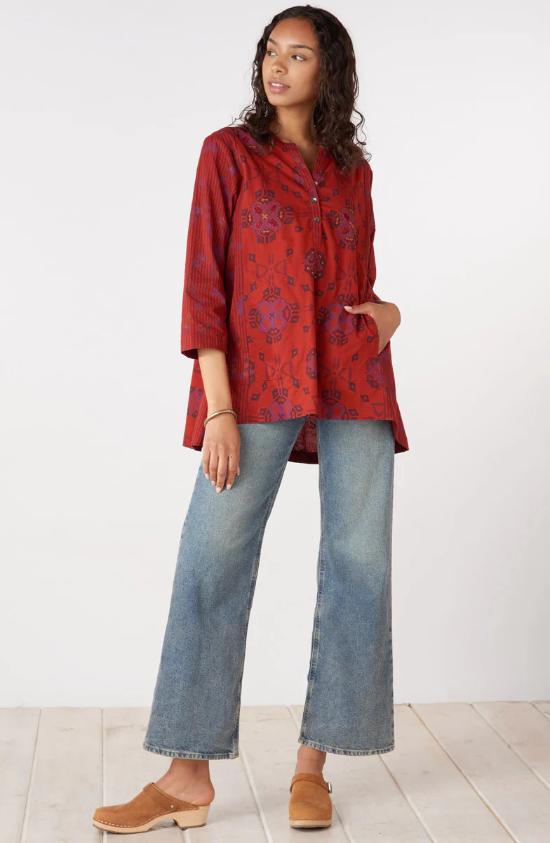Riyana Organic Cotton Henley Tunic - Sunset red/Multi - Image 5