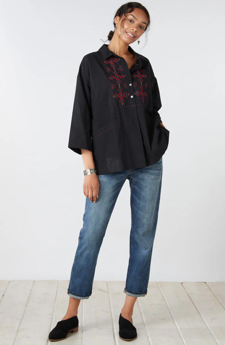 Rukhma Flare-Sleeve Organic Cotton Top - Black - Image 4