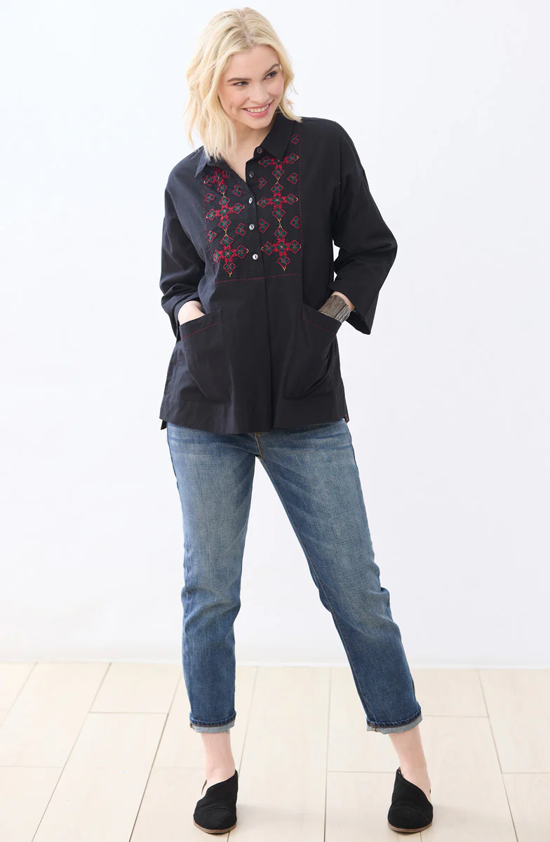 Rukhma Flare-Sleeve Organic Cotton Top - Black - Image 5