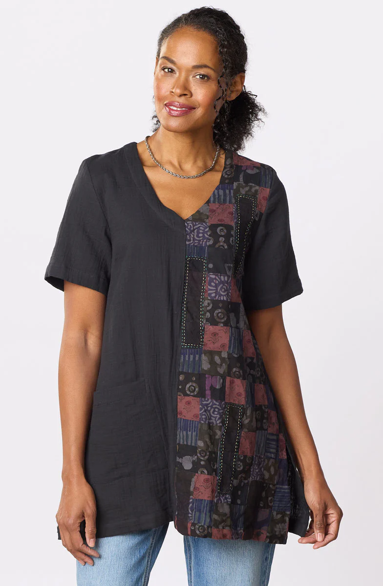 Rushila Upcycled Patchwork V-neck Tunic - Black/Chindi - Image 4