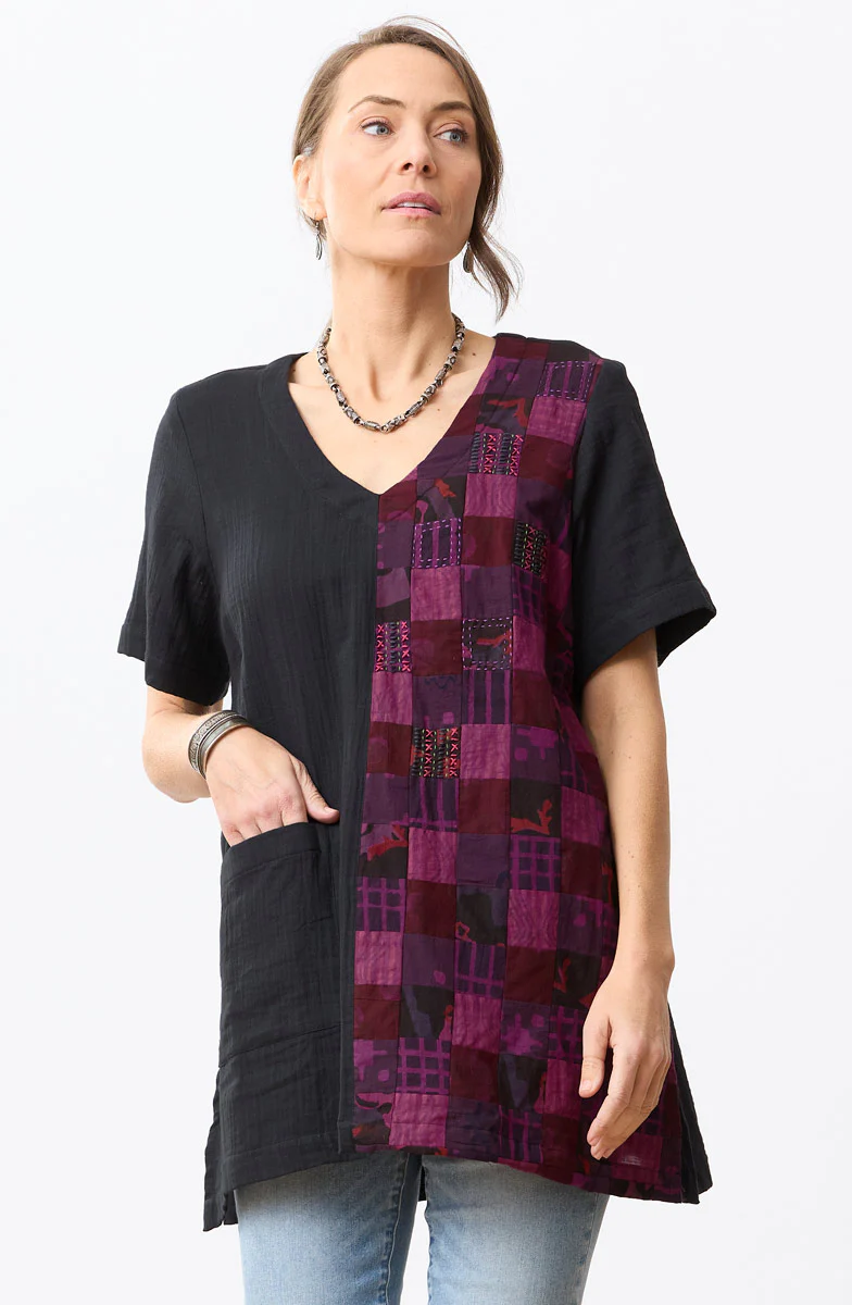 Rushila Upcycled Patchwork V-neck Tunic - Phlox purple - Image 3