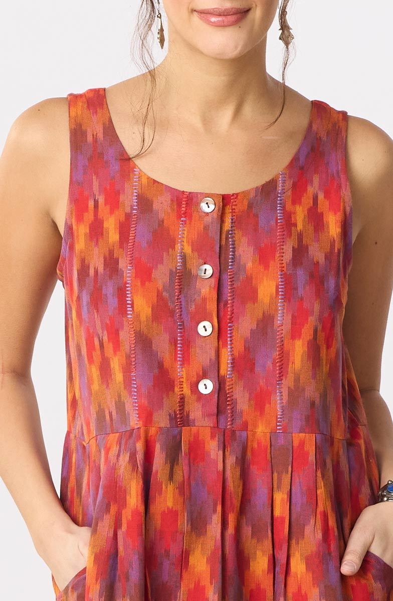 Sahila Ikat Sleeveless Knee-Length Tank Dress - Fire red/Multi - Image 3