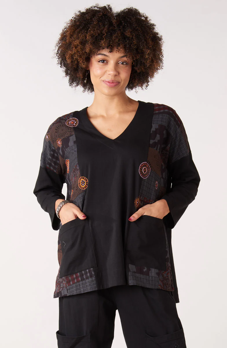 Sanija Upcycled Patchwork Loose Fit Top - Black/Multi - Image 3