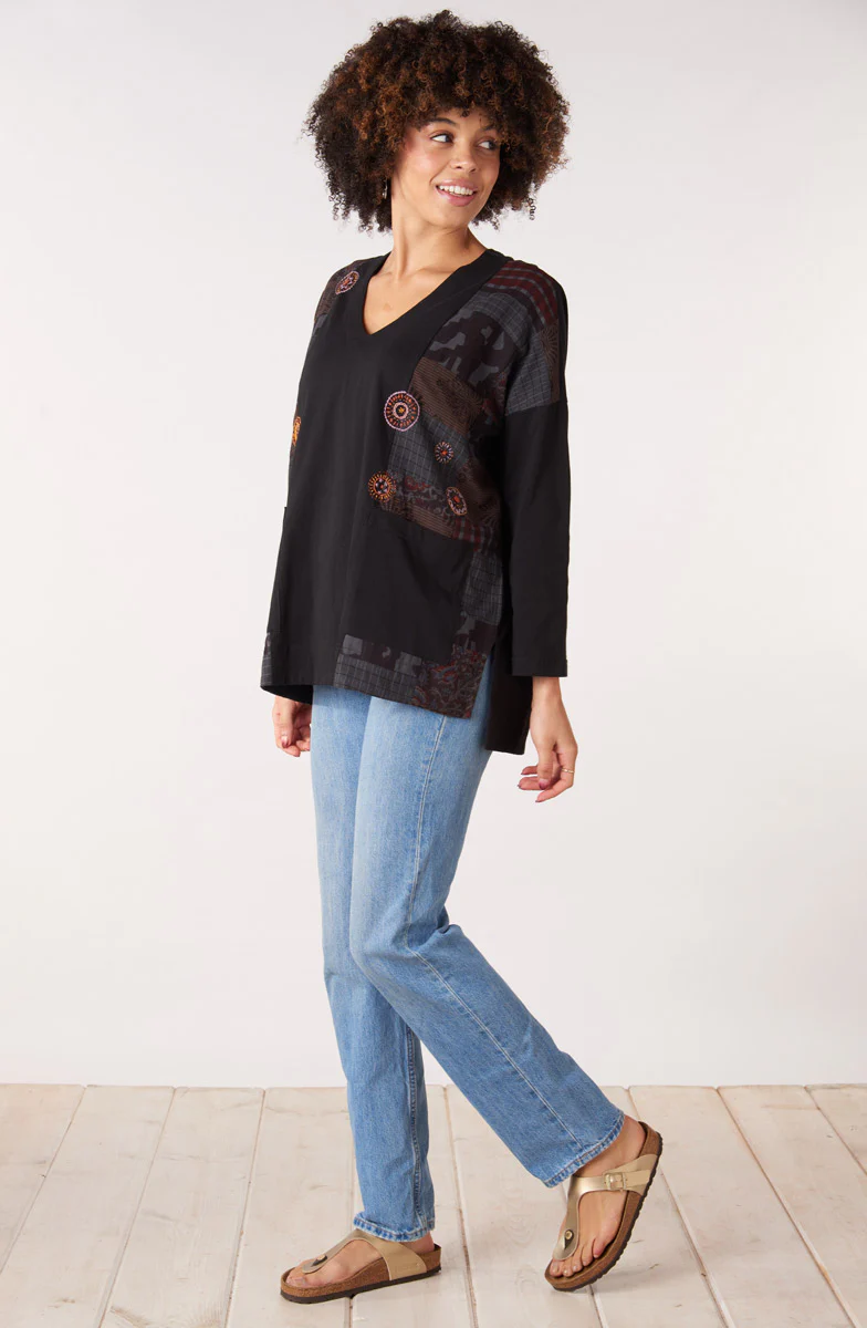 Sanija Upcycled Patchwork Loose Fit Top - Black/Multi - Image 5