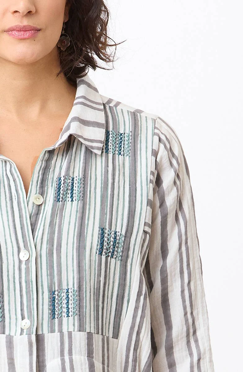 Saroja Double Gauze Band Collar Big Shirt - Soft white/Storm - Image 3