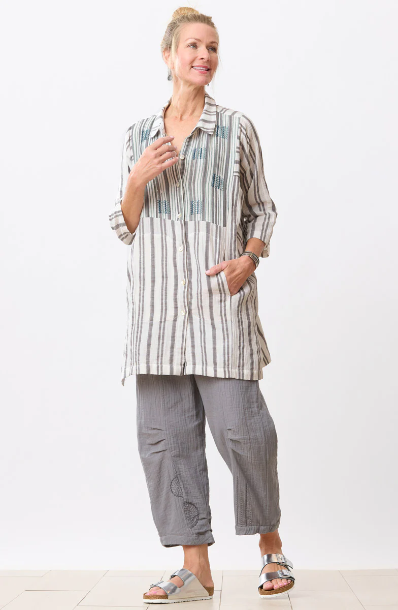 Saroja Double Gauze Band Collar Big Shirt - Soft white/Storm - Image 5