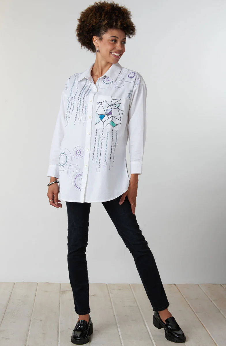 Savani Organic Cotton Embroidered Sampler Shirt - White/Multi - Image 5
