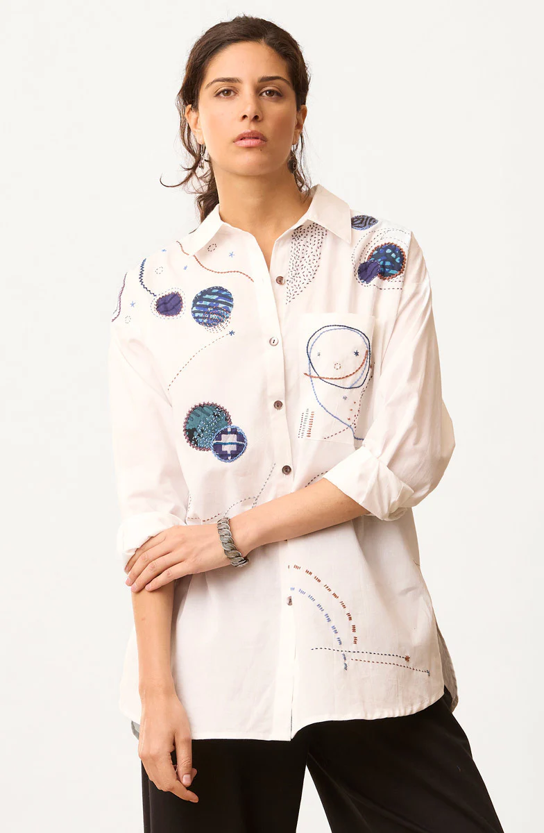 Savani Organic Cotton Embroidered Sampler Shirt - White - Image 4