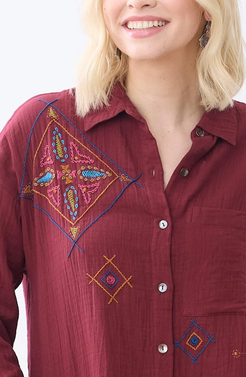 Savani Double Gauze Embroidered Shirt - Radicchio - Image 3