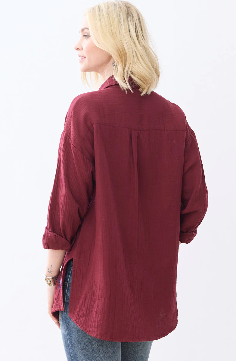 Savani Double Gauze Embroidered Shirt - Radicchio - Image 4