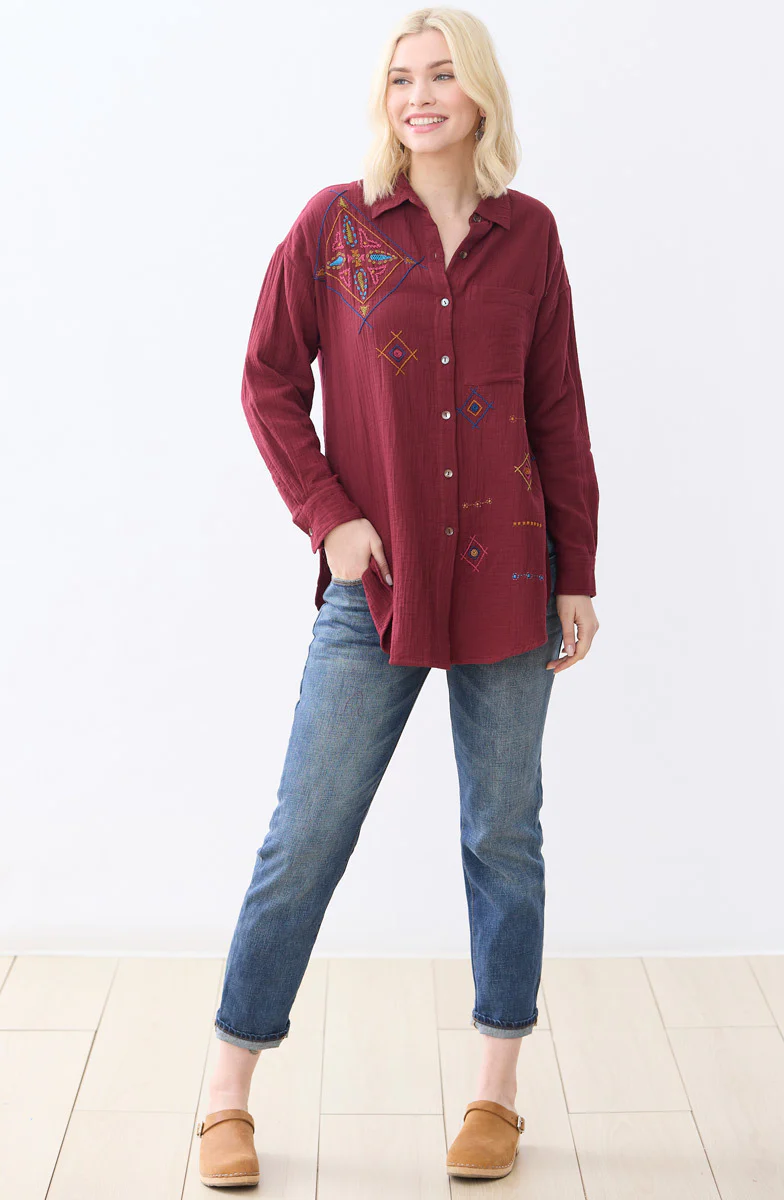 Savani Double Gauze Embroidered Shirt - Radicchio - Image 5