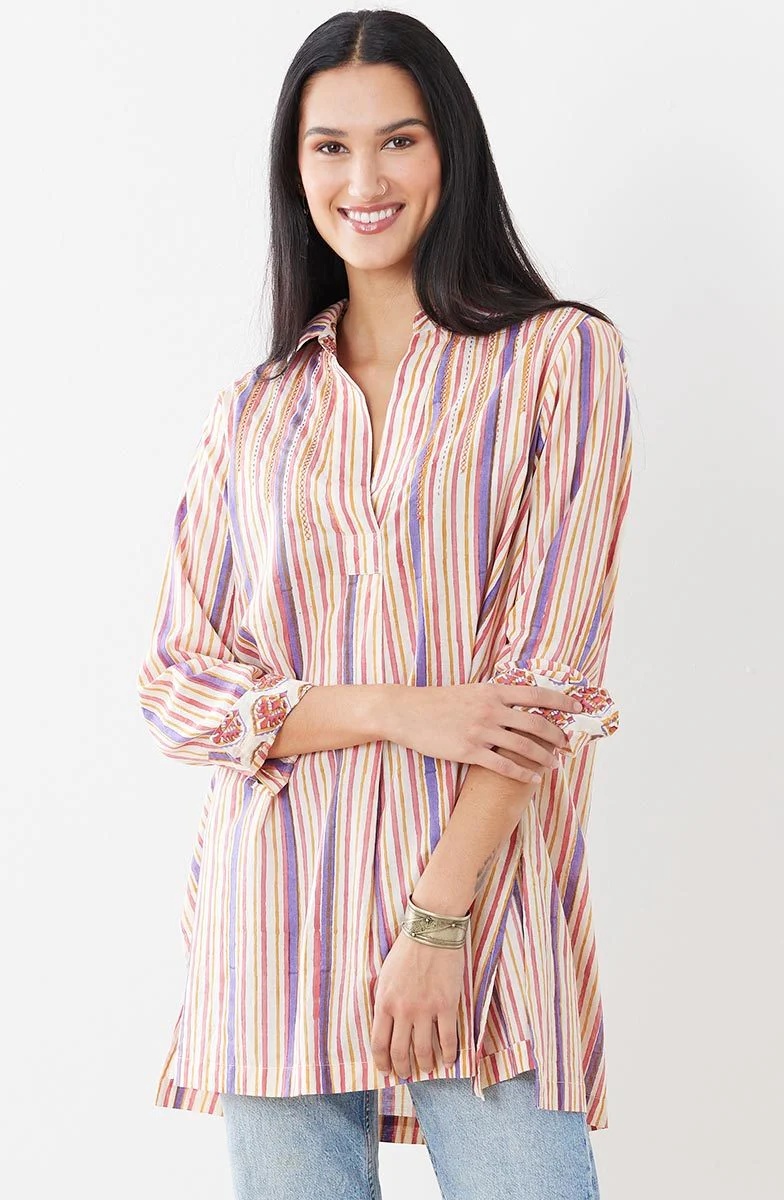 Savita Block Print Long-Sleeve Top - Stripe/Multi - Image 4
