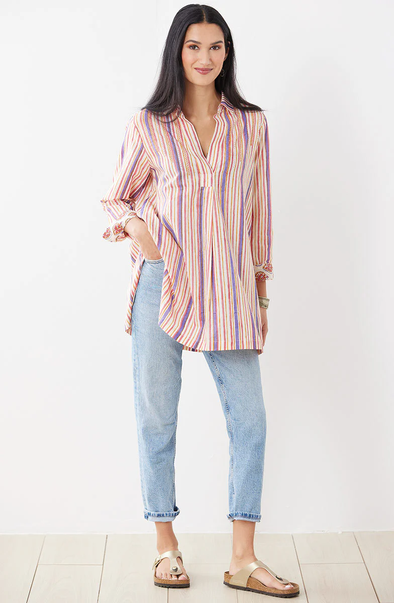 Savita Block Print Long-Sleeve Top - Stripe/Multi - Image 6