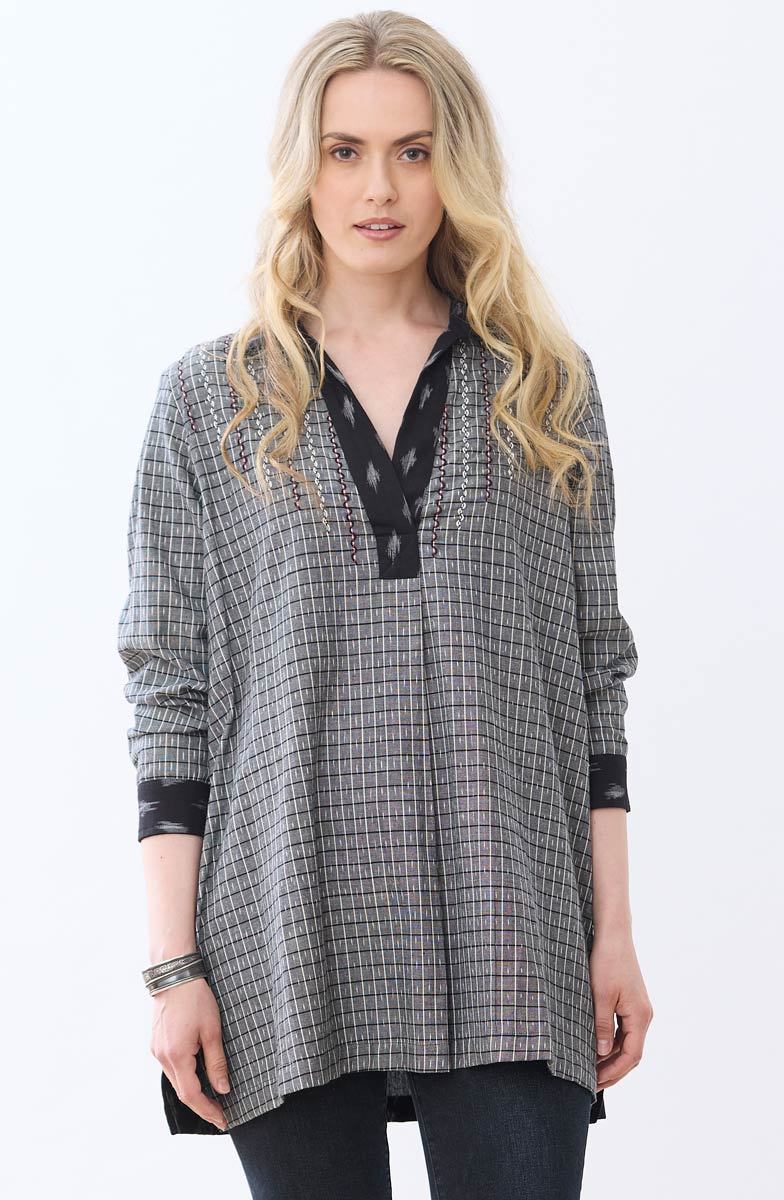 Savita Ikat Long-Sleeve Shirt - Black/Grey - Image 4