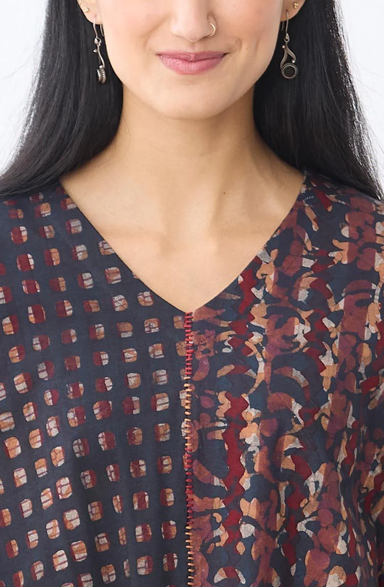 Sejal Cotton Jersey V-neck Oversized Tunic - Black/Multi - Image 3