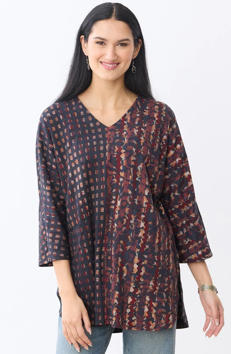 Sejal Cotton Jersey V-neck Oversized Tunic - Black/Multi - Image 4