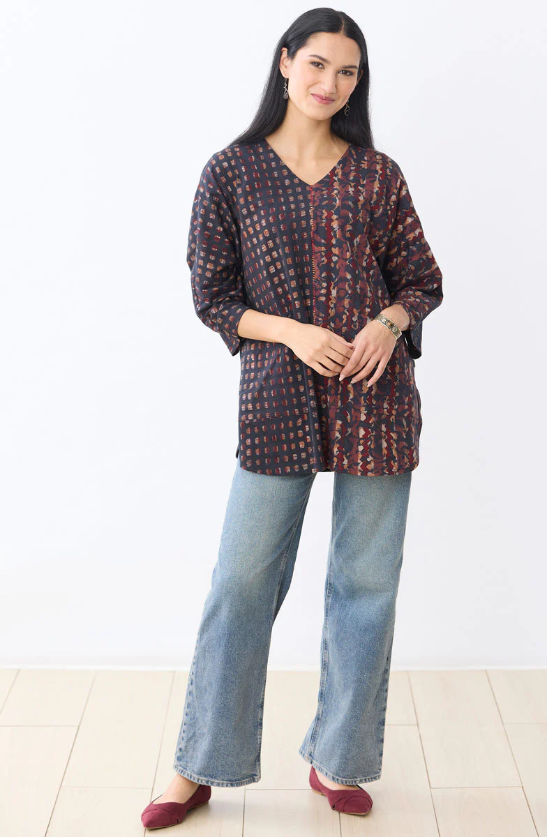 Sejal Cotton Jersey V-neck Oversized Tunic - Black/Multi - Image 6