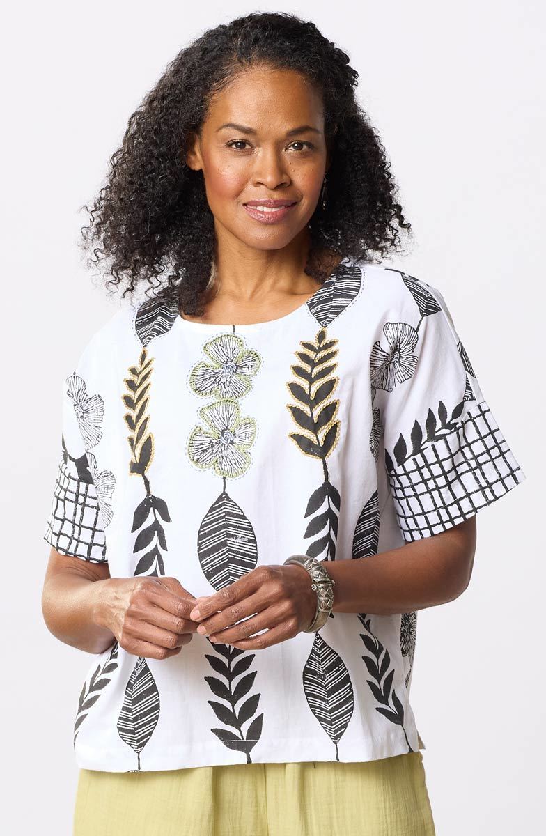 Shalini Organic Cotton Popover Boxy Top - White/Black - Image 4