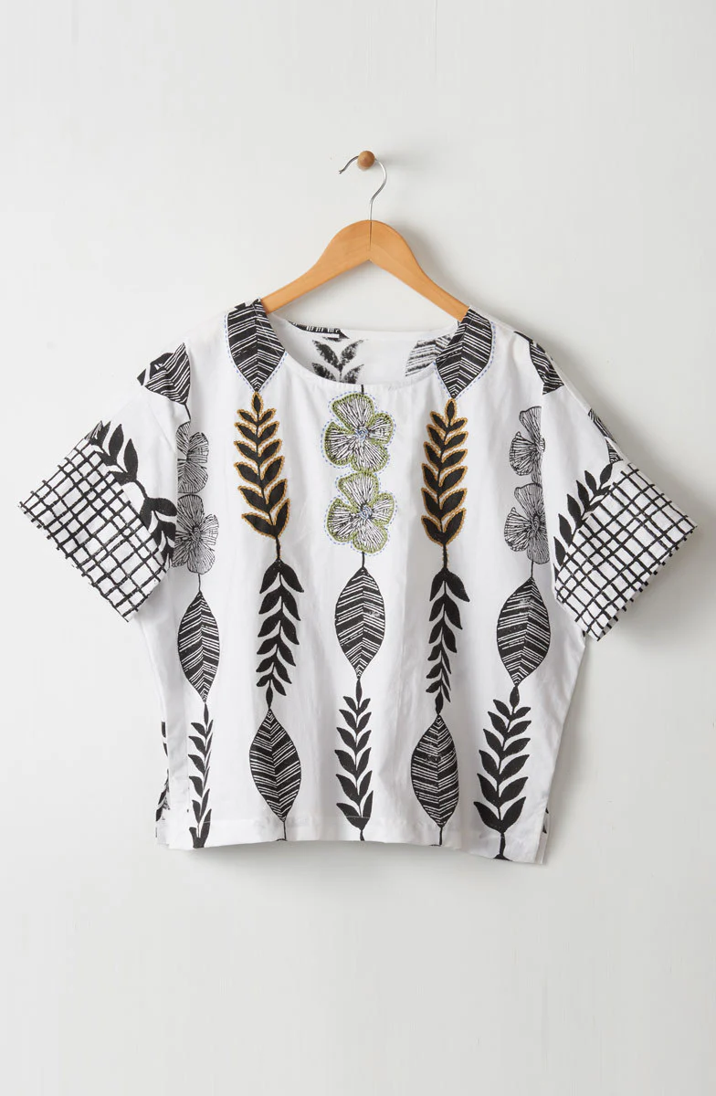 Shalini Organic Cotton Popover Boxy Top - White/Black - Image 6