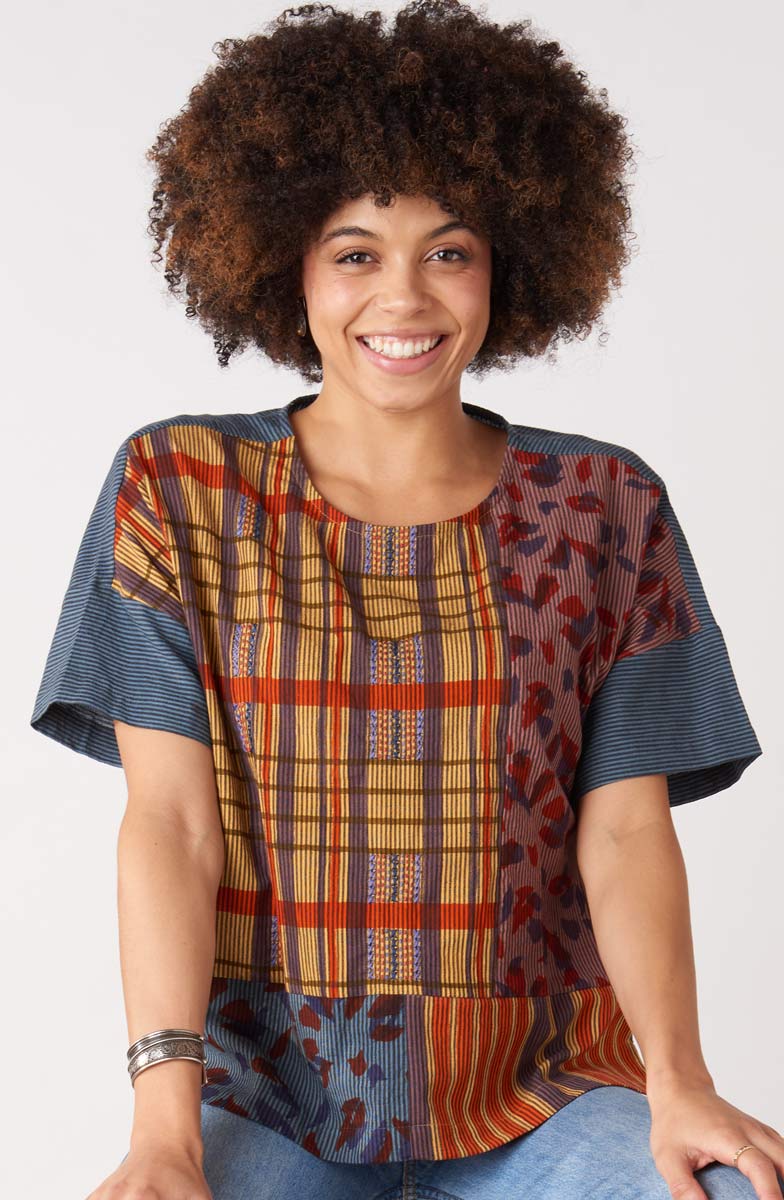 Shalini Mixed Print Popover Boxy Top - Blue/Multi