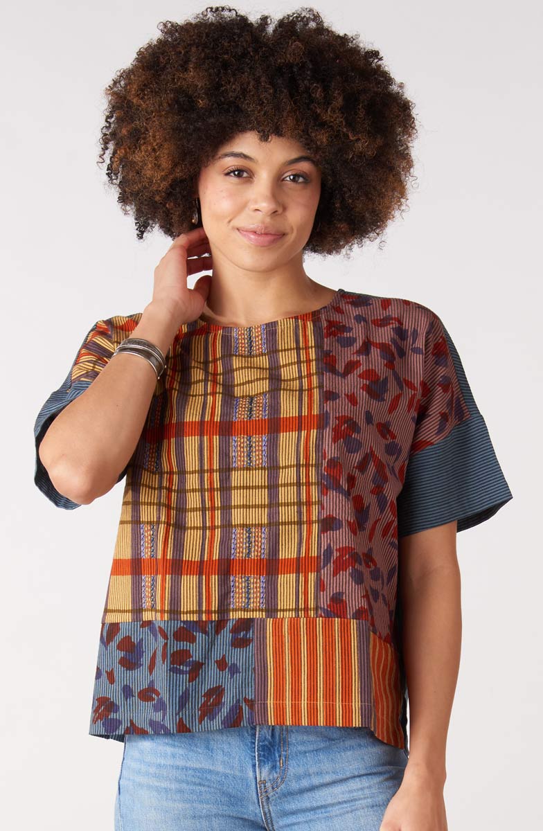 Shalini Mixed Print Popover Boxy Top - Blue/Multi - Image 2